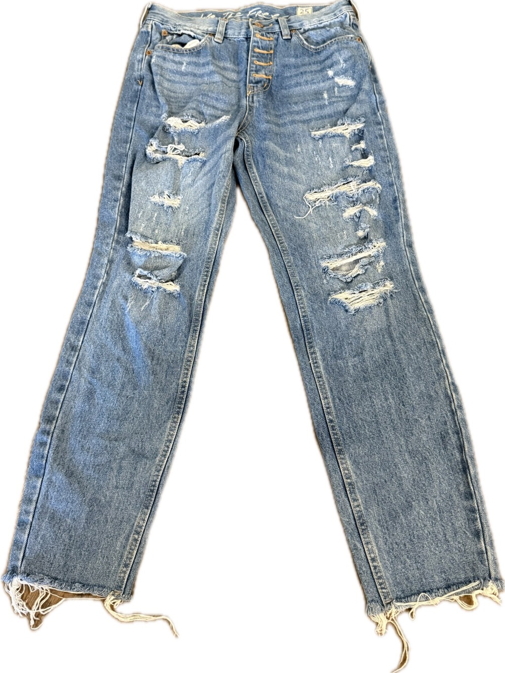 Free People Distressed Light Blue Women's Straight-Leg Jeans